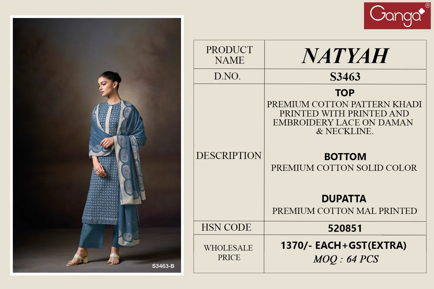 Natyah 3463 By Ganga Cotton Khadi Designer Salwar Suit Orders In India