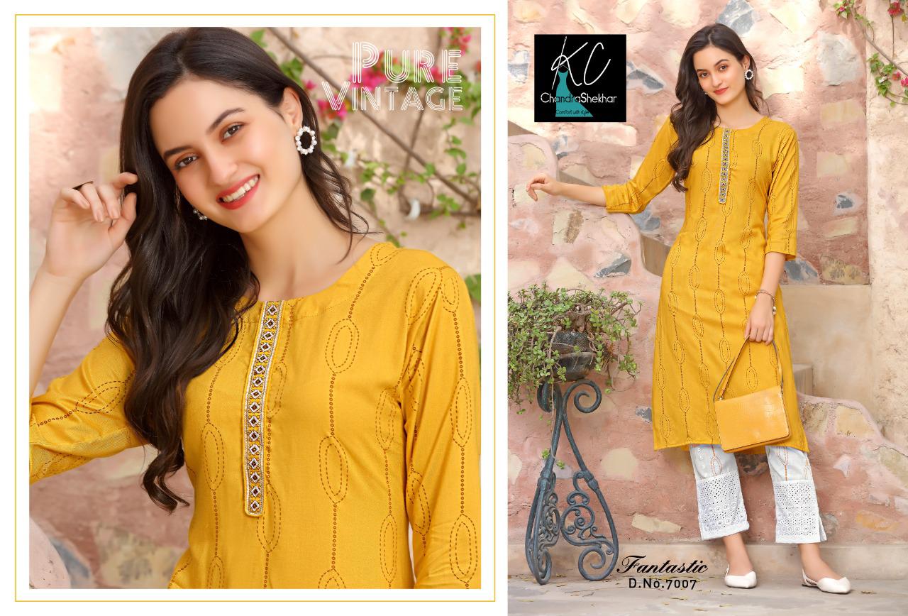 Kc Fantastic 7 Latest Fancy Casual Wear Rayon printed top with heavy neck work Kurti With Bottom Collection
