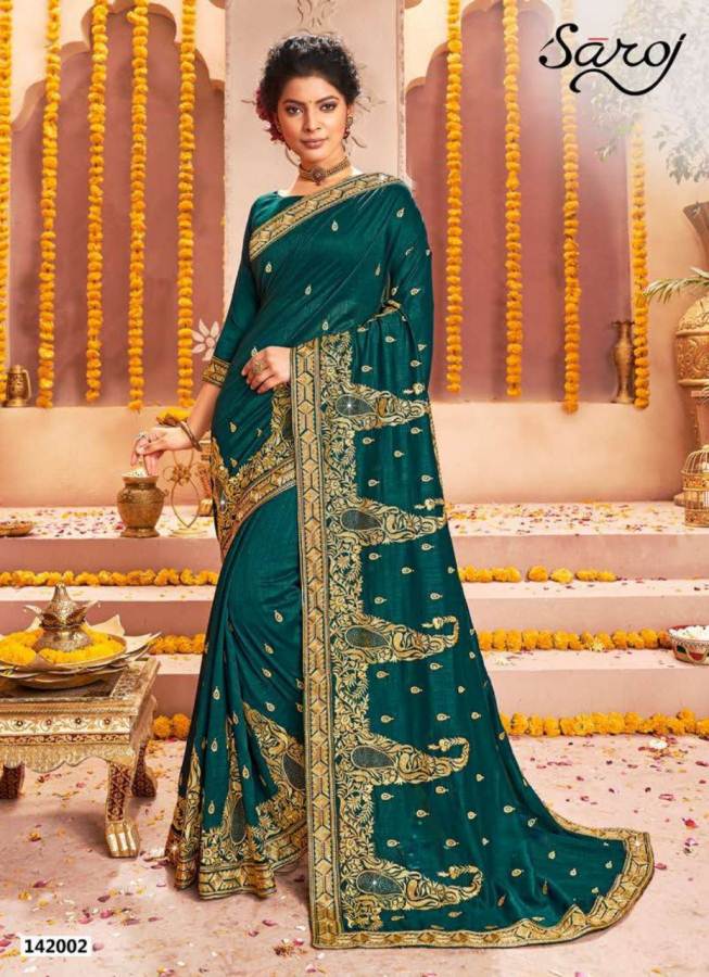 Saroj Rajdhani Latest Designer Heavy Embroidered Wedding Wear Vichitra Silk Saree Collection