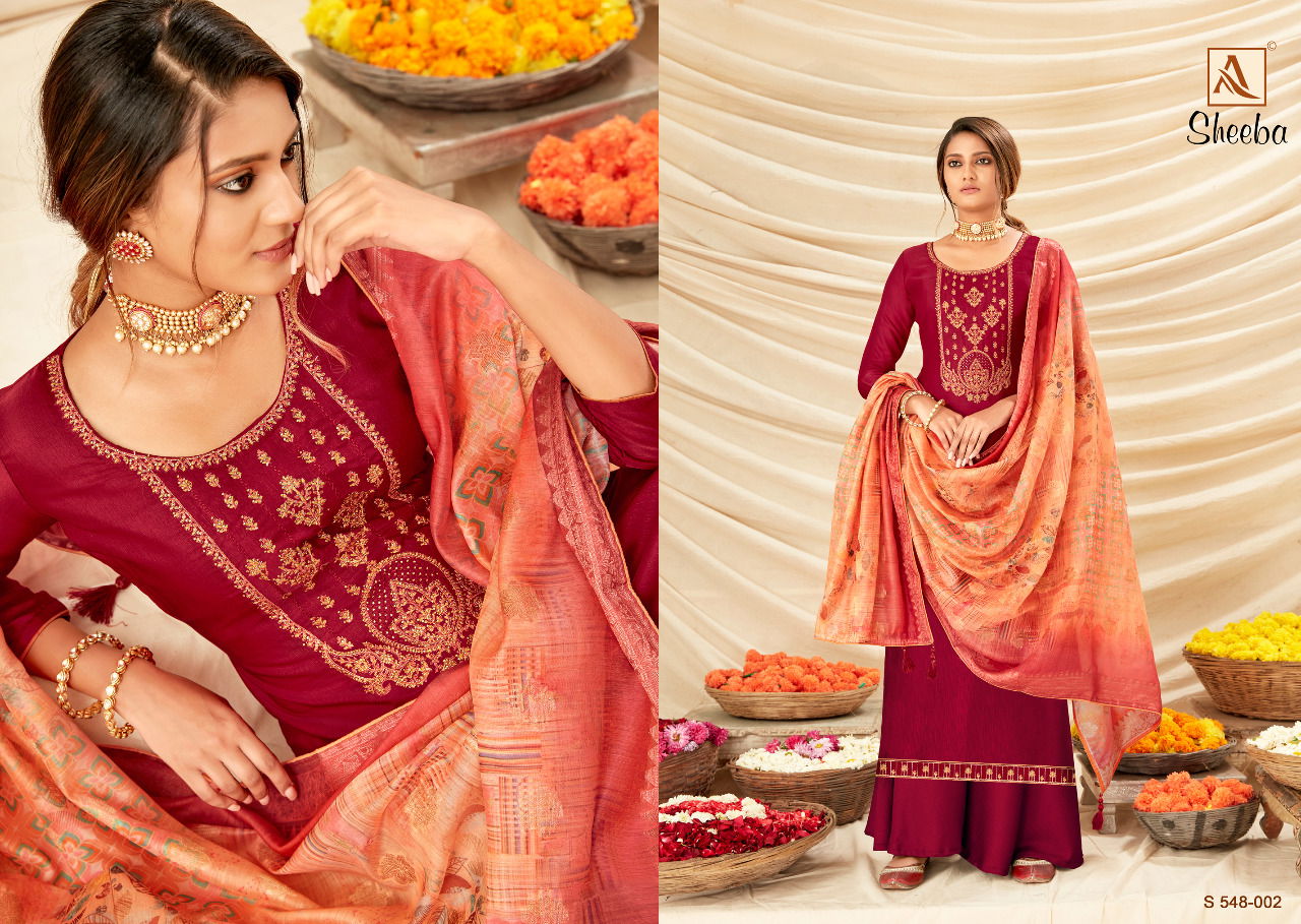 Alok Sheeba Fancy Festive WearPure Rivella Satin Fancy Embroidery with Swarovski Diamond Designer Dress Material Collection
