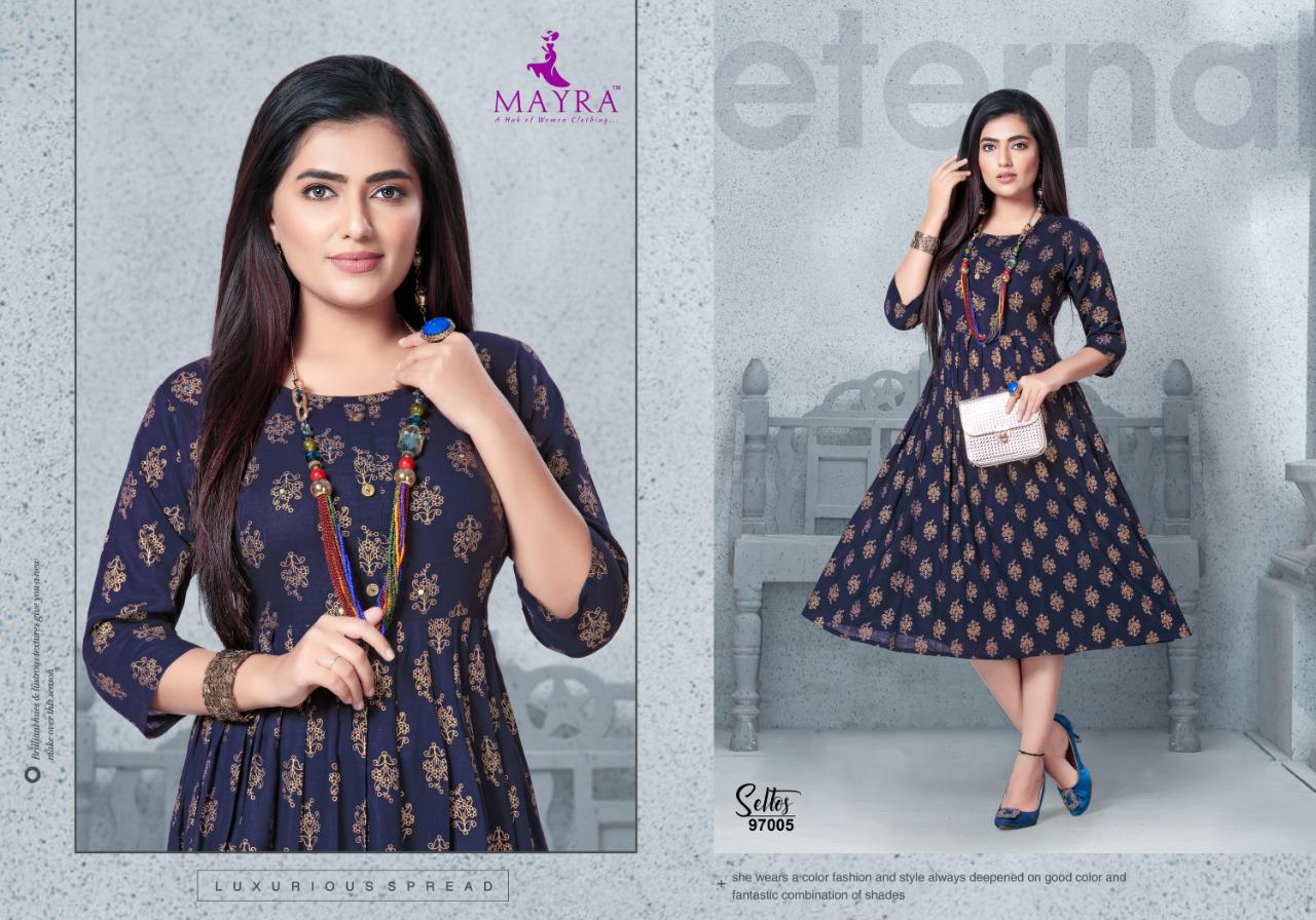 Mayra Seltos Rayon Printed Designer Party Wear and Regular Wear Kurtis Collection