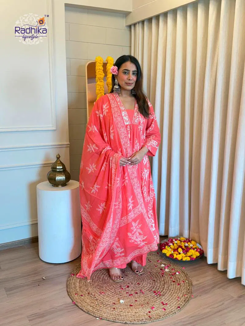 Radhika Anarkali Plazo Set Cotton Printed Kurti Pant With Dupatta Wholesale Suppliers In Mumbai