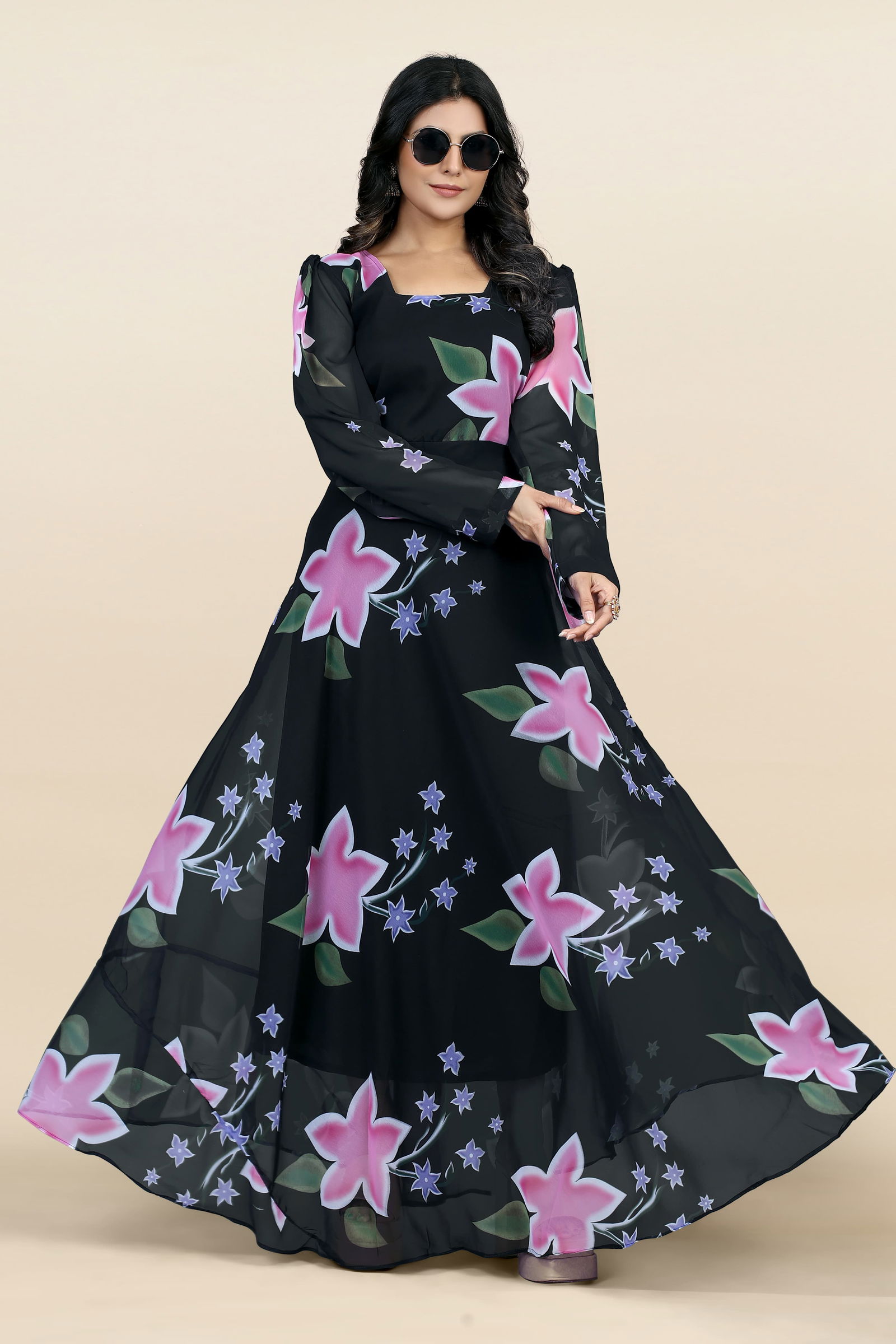 Black Flowers Printed Anarkali Gown Catalog
