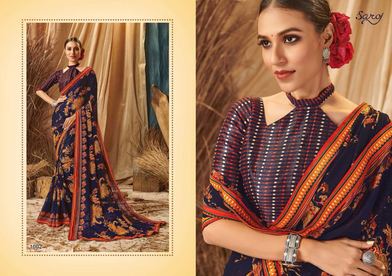Saroj Saloni Latest Designer Fancy Casual Wear Printed Georgette Sarees Collection
