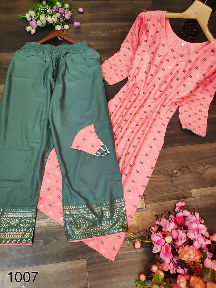 New Latest Designer Collection Of Festive Wear Foil Printed Kurtis And Plazzo With Mask 
