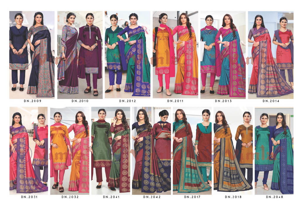 Australian Silk Printed Uniform Dress With Saree Combo Catalog
