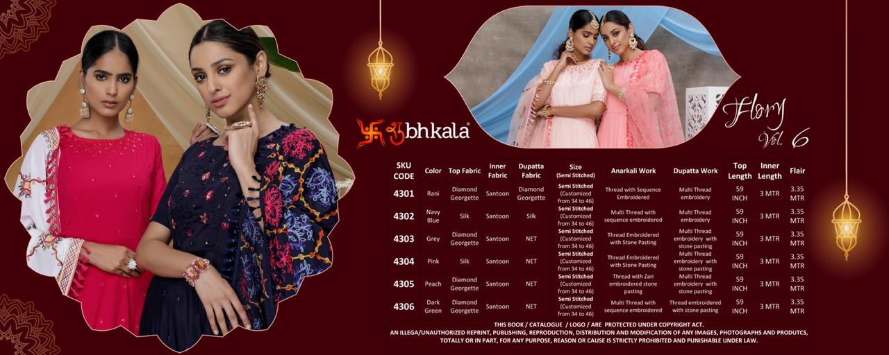 Subhkala Flory Vol 6 Latest Designer Festive Wear Embroidered Heavy Ladies Gown Collection (Single 1760/-)