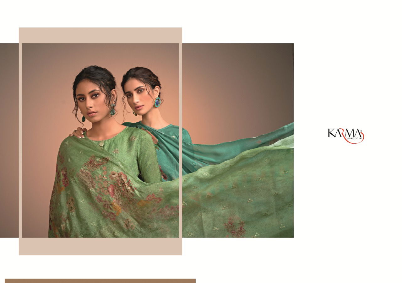 Karma Azaa 529 to 534 Series Pure Silk Jacquard Digital Print Embroidered Work Dress with Dupatta Materials Collection