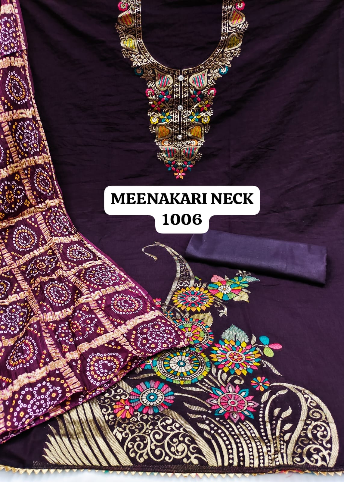 Meenakari Neck Daman By Rahul Nx Bandhani Printed Surat Dress Material Wholesale Market
