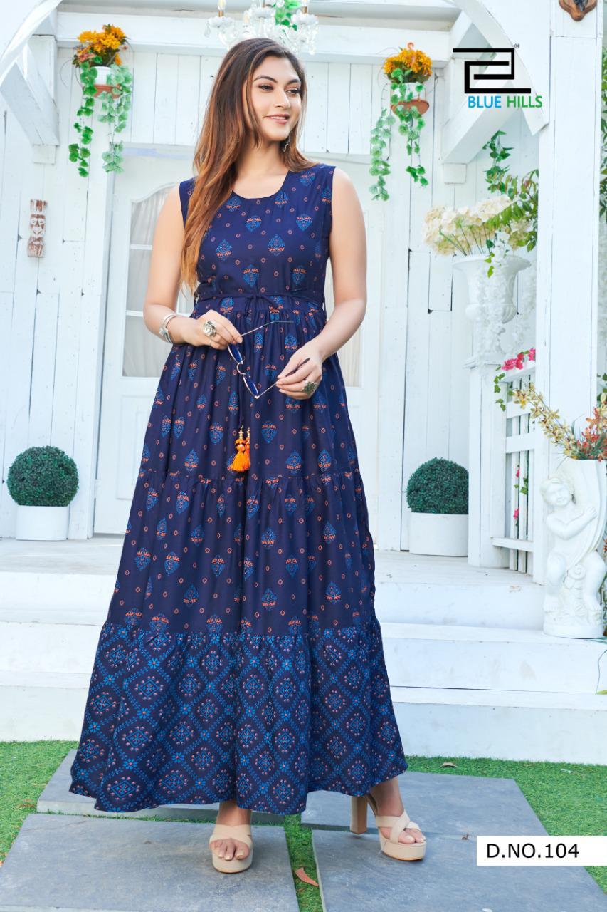 Blue Hills Sun Shine Nx Ltaets Fancy Designer Ethnic Wear Flair Rayon Heavy Kurti Collection
