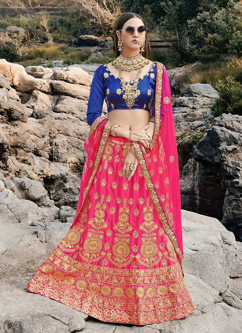 Heavy Designer Bridal Satin Silk With Net Dupatta Embroidery Work Lehenga Choli Collection  