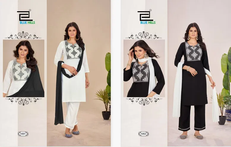Black And White Vol 14 By Blue Hills Rayon Embroidered Kurti With Bottom Dupatta Wholesale