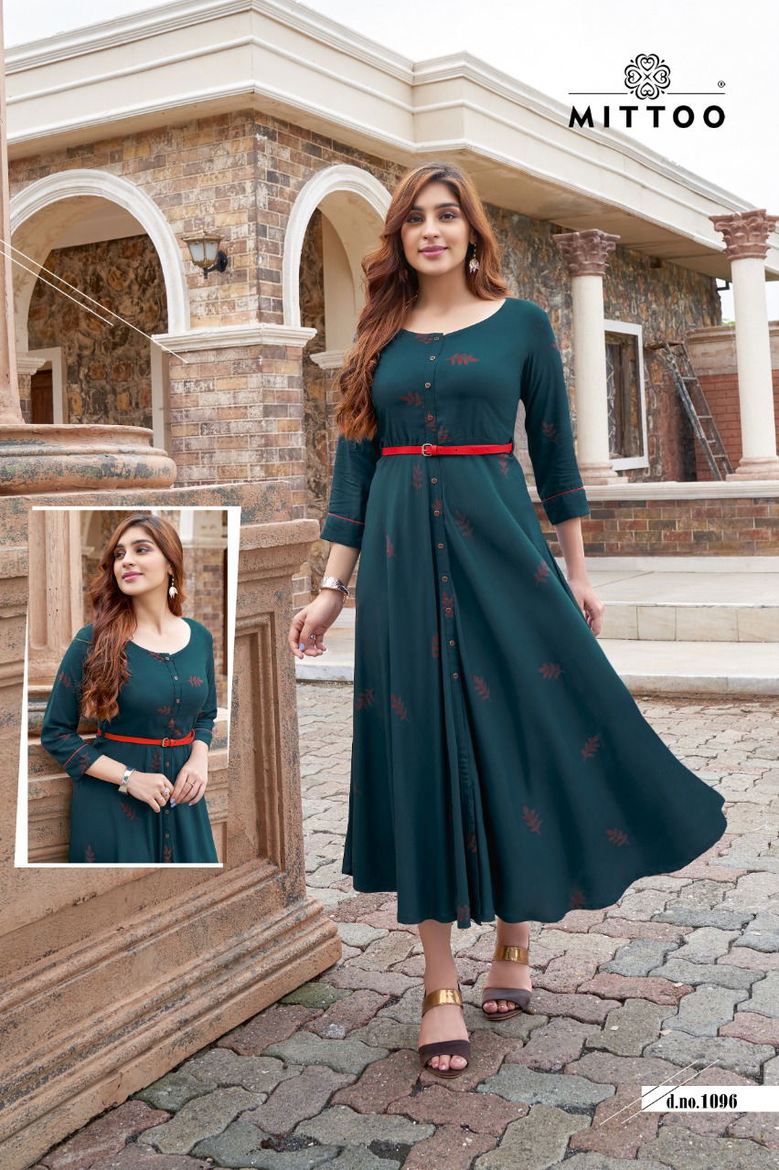 Mittoo Belt 5 Ethnic Wear Long Designer Rayon Printed Kurti Collection
