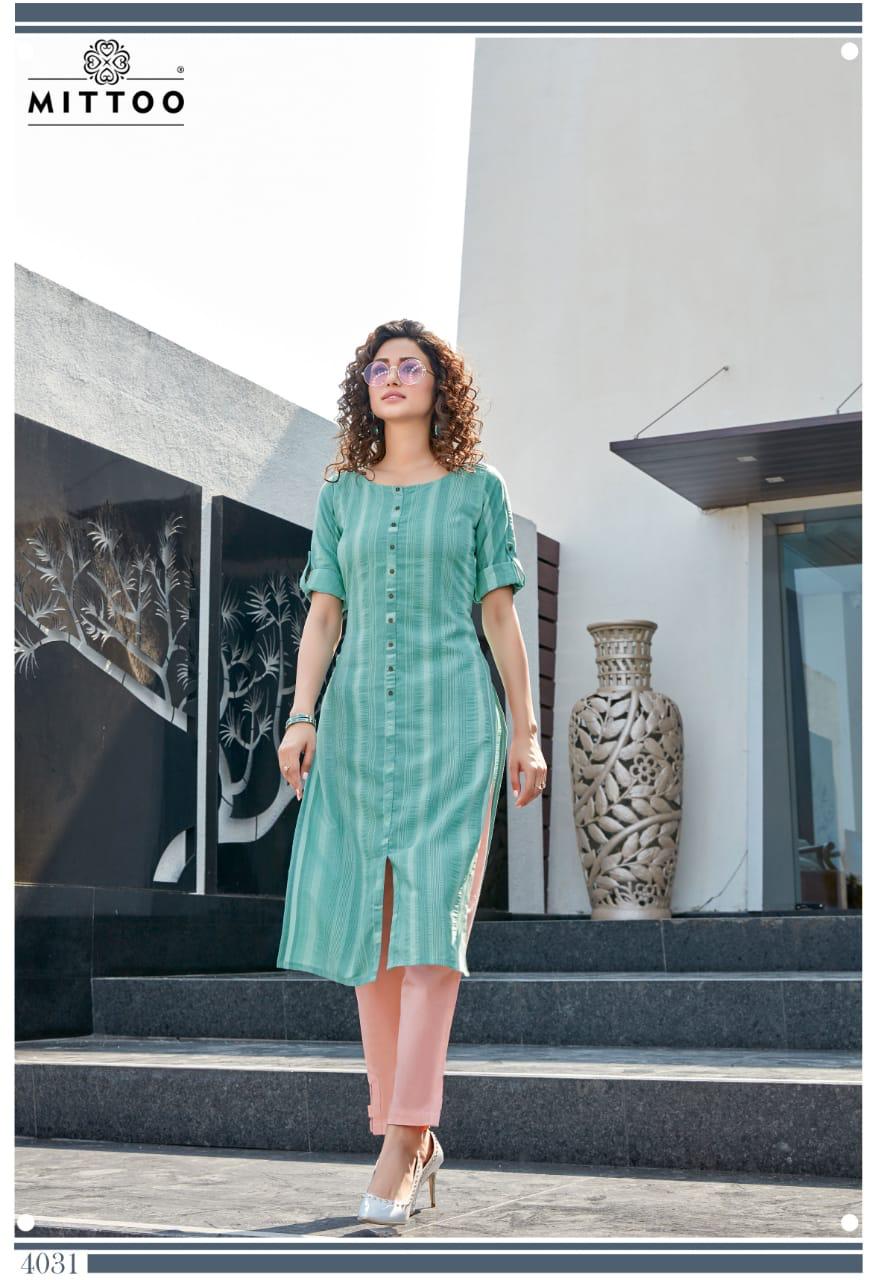 Mitto Mohini Weaving Strips Designer Party wear Kurtis with Rayon Slub Lycra Pant kurtis Collections