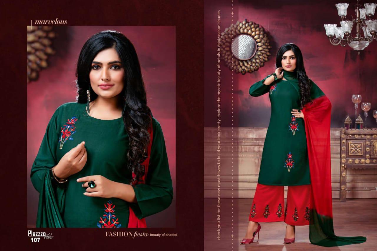 Plazzo Silver Daily Wear Latest Heavy Rayon With embroidery work Plazzo Suit  Collection 