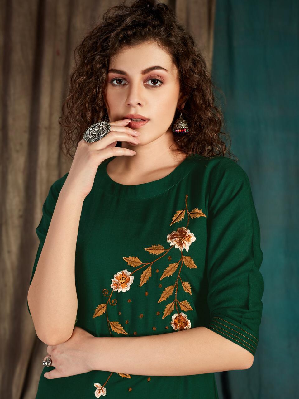 Banwery Taapsee Heavy Slub Rayon Airjet With  Embroidery Work Designer Kurtis Colections