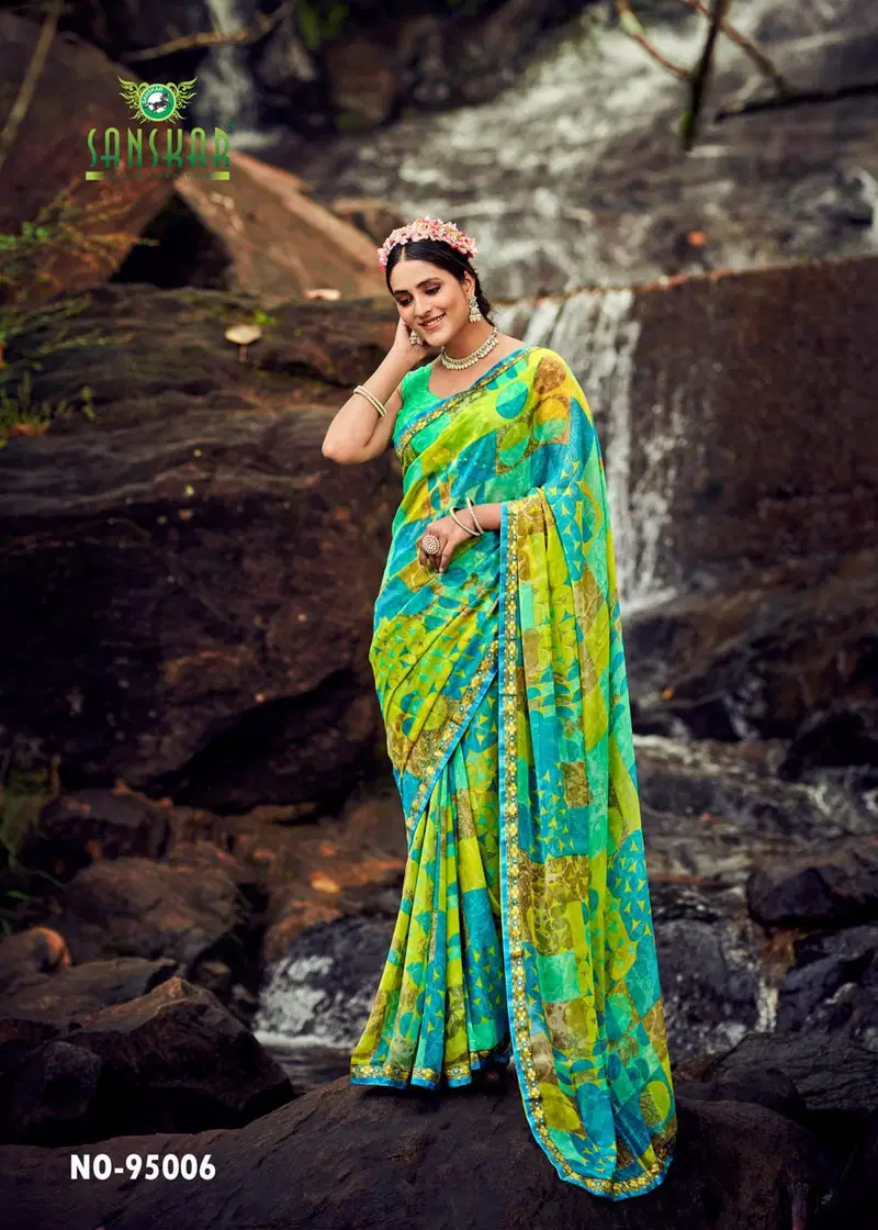 Saaj By Sanskar Printed Georgette Sarees Wholesale Clothing Distributors In India