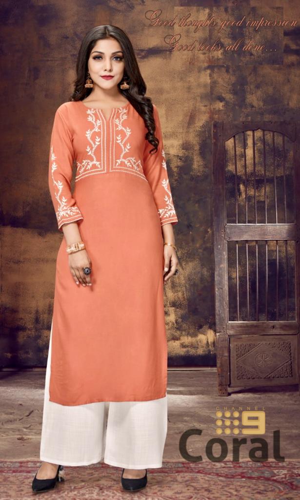 C9 Coral Latest Design Festive Wear Rayon With Embroidery Worked Kurti With Palazzo Kurtis Collection
