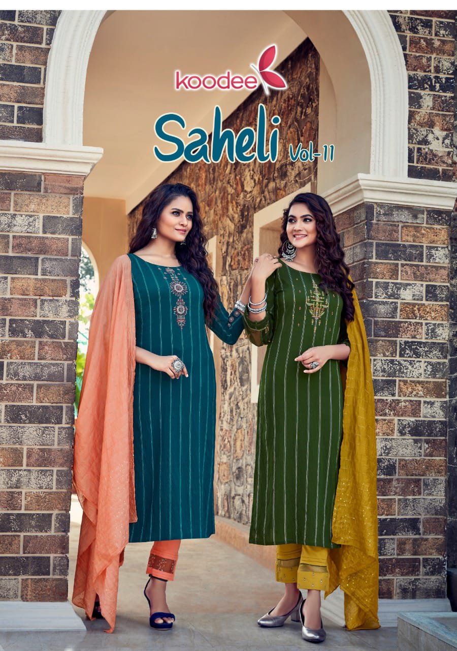 Koodee Saheli 11 Fancy Festive Wear Pure Nylon Viscose With Stripe Embroidered Ready Made Collection
