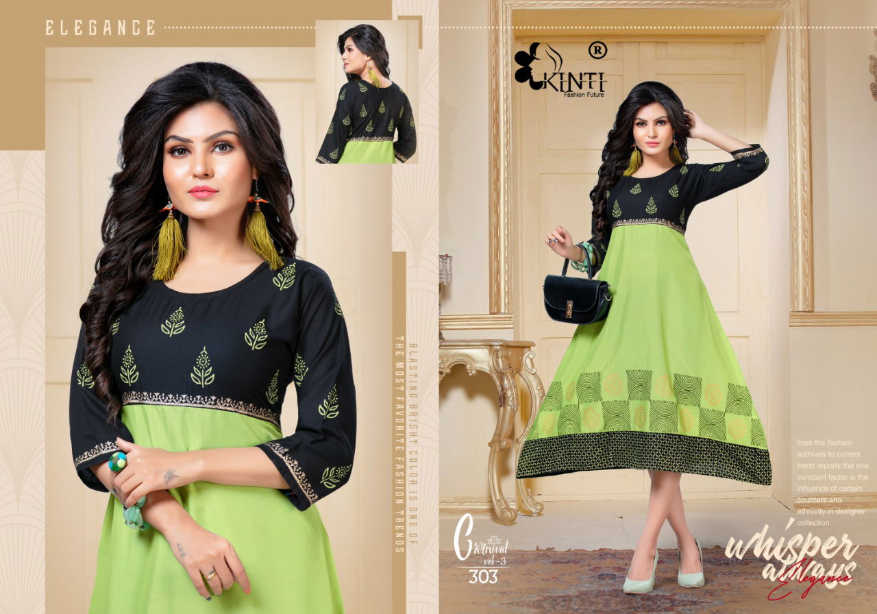 Kinti Carnival Anarkali Casual Wear Designer Printed Rayon Kurtis Collection
