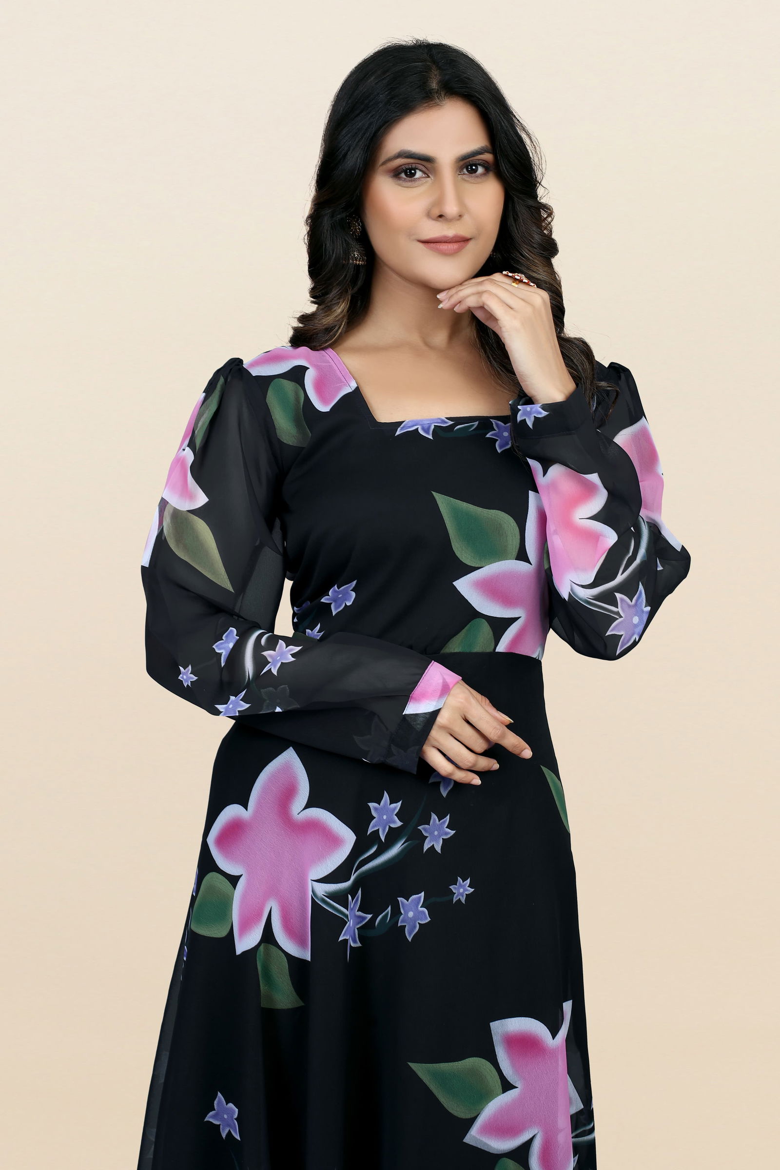 Black Flowers Printed Anarkali Gown Catalog