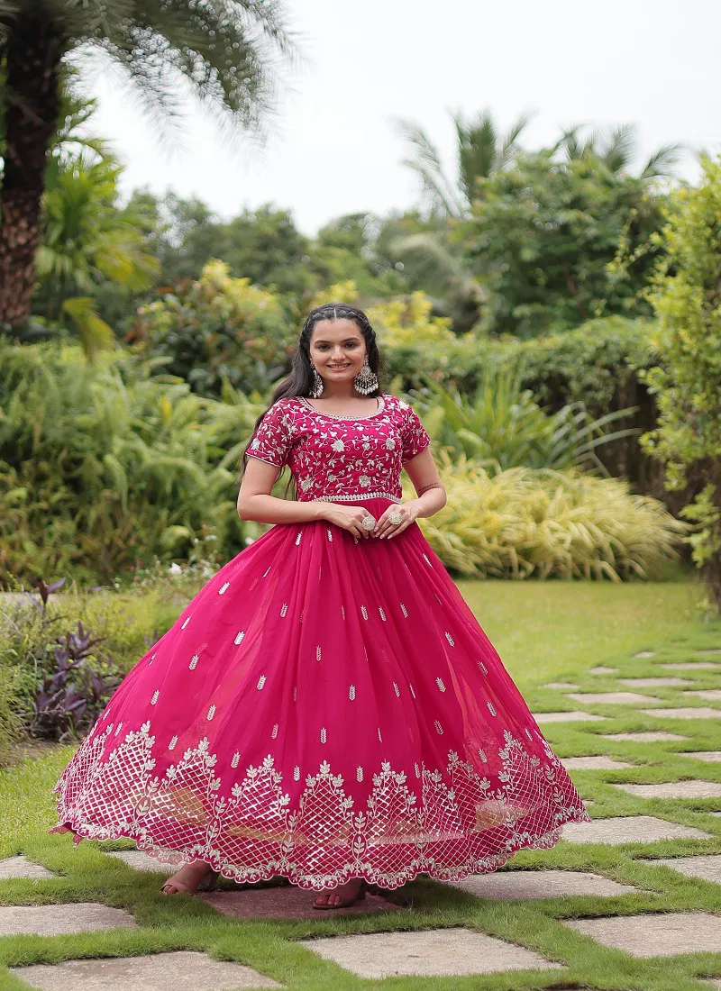 KA Pink Colour 1134 Faux Blooming Embroidery Wedding Gown Online Wholesale