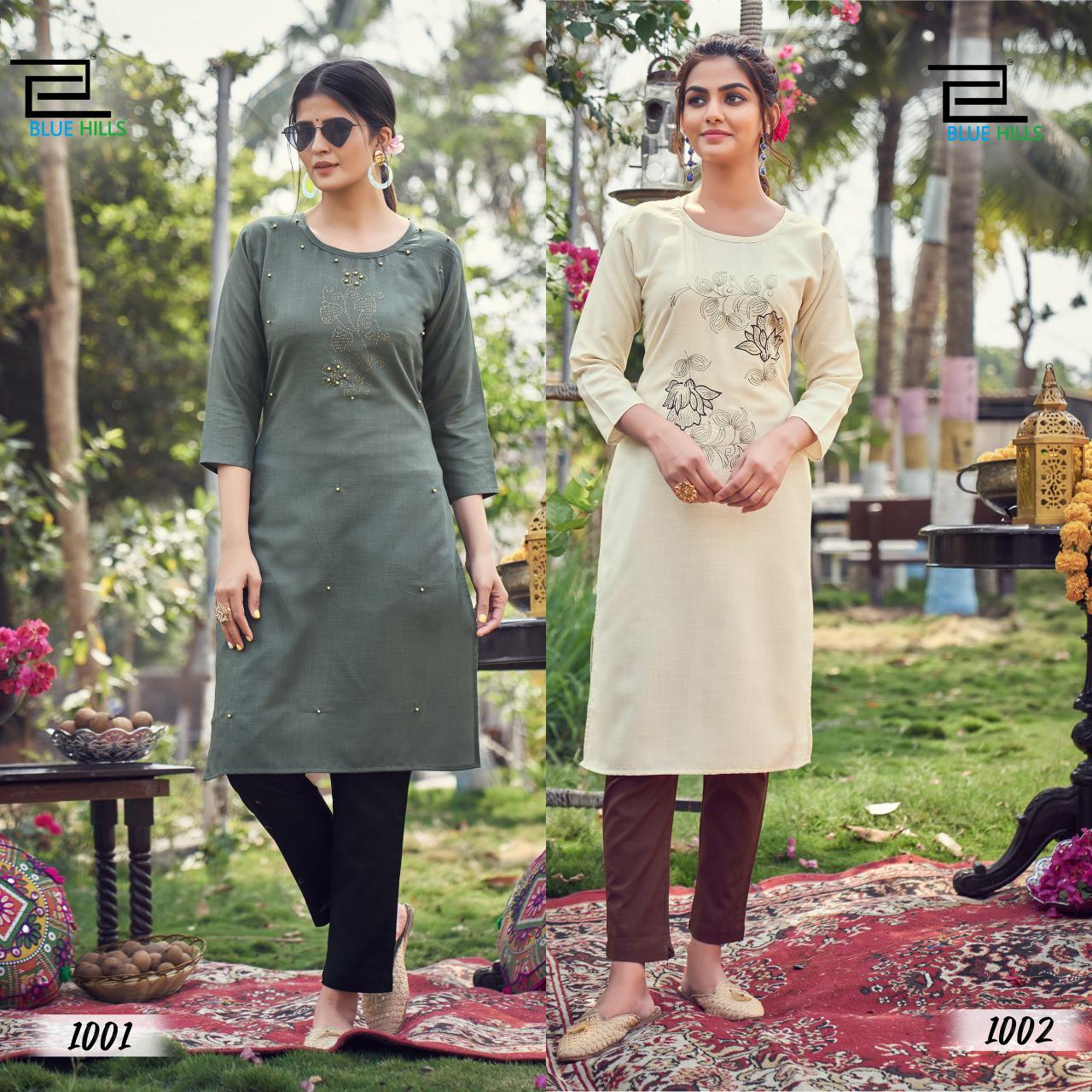 Blue Hills Instagram Latest Fancy Designer Casual Wear Slub Cotton Straight Embroidery Kurtis Collection
