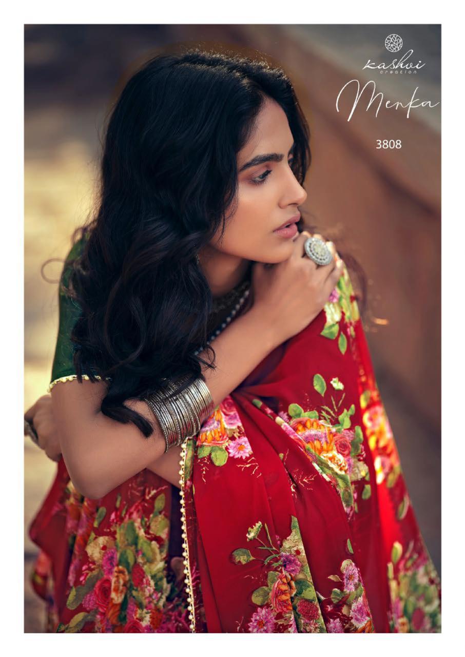 Kashvi Menka Latest Fancy Designer Festive Wear Silk Weightless Floral Chiffon Saree Collection
