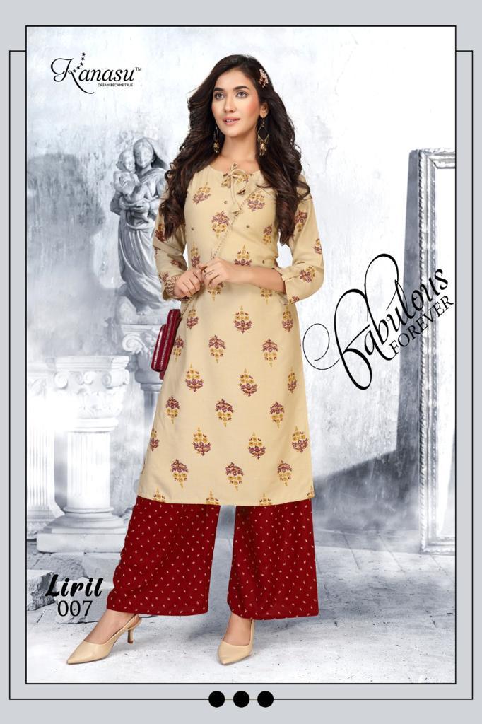 Kanasu Liril Fancy Ethnic Wear Rayon Printed Kurtis With Palzzo Collection
