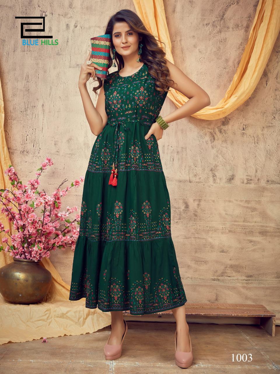 Blue Hills Poker Latest Fancy Designer Festive Party Wear Long Printed Rayon Kurti Collection