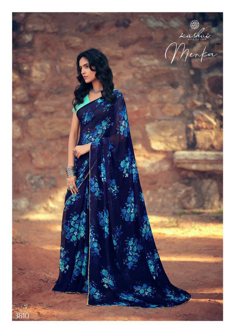 Kashvi Menka Latest Fancy Designer Festive Wear Silk Weightless Floral Chiffon Saree Collection
