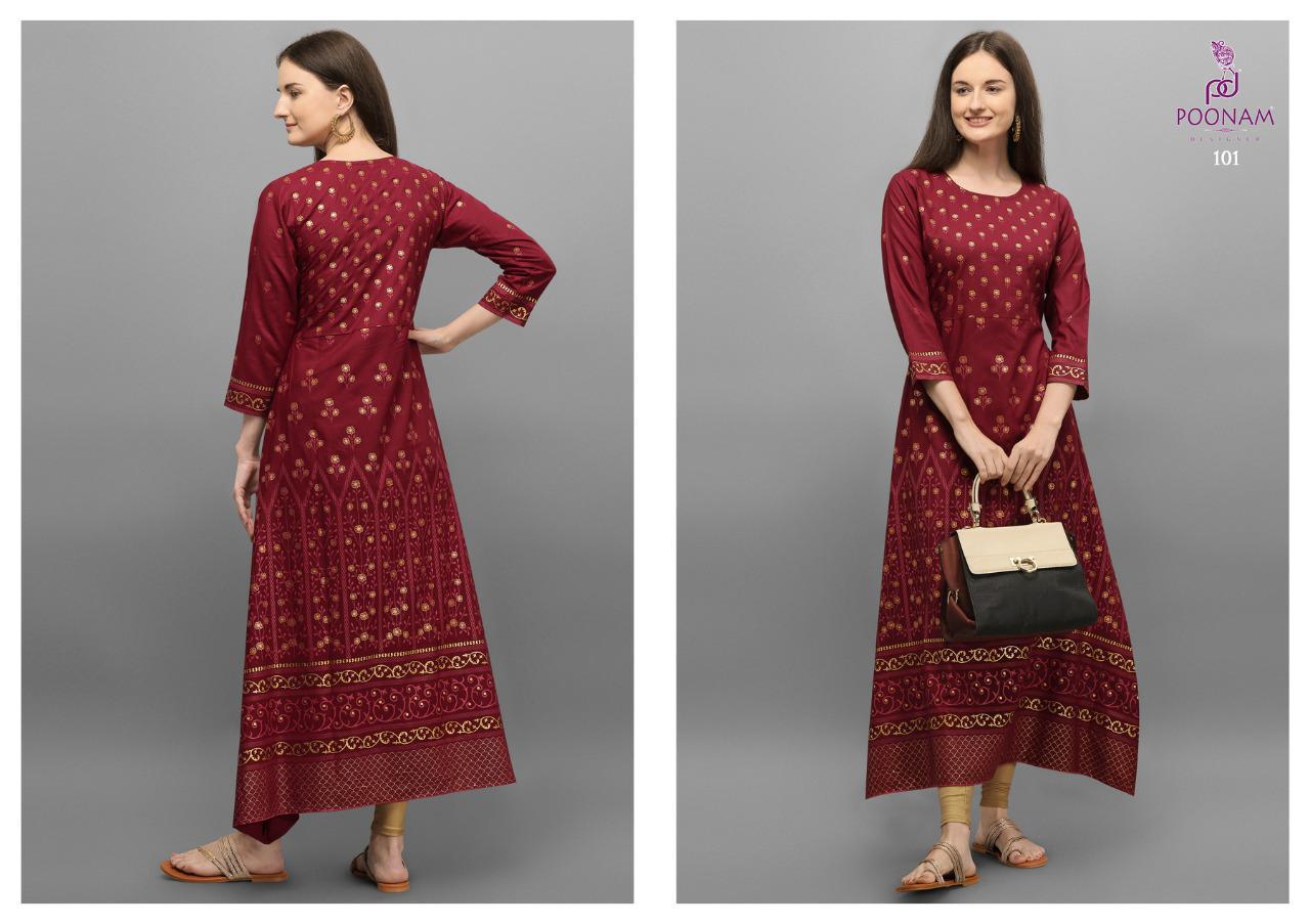 Poonam Moonila Latest Designer Party Wear Festive Wear Rayon Long Printed Kurtis Collection
