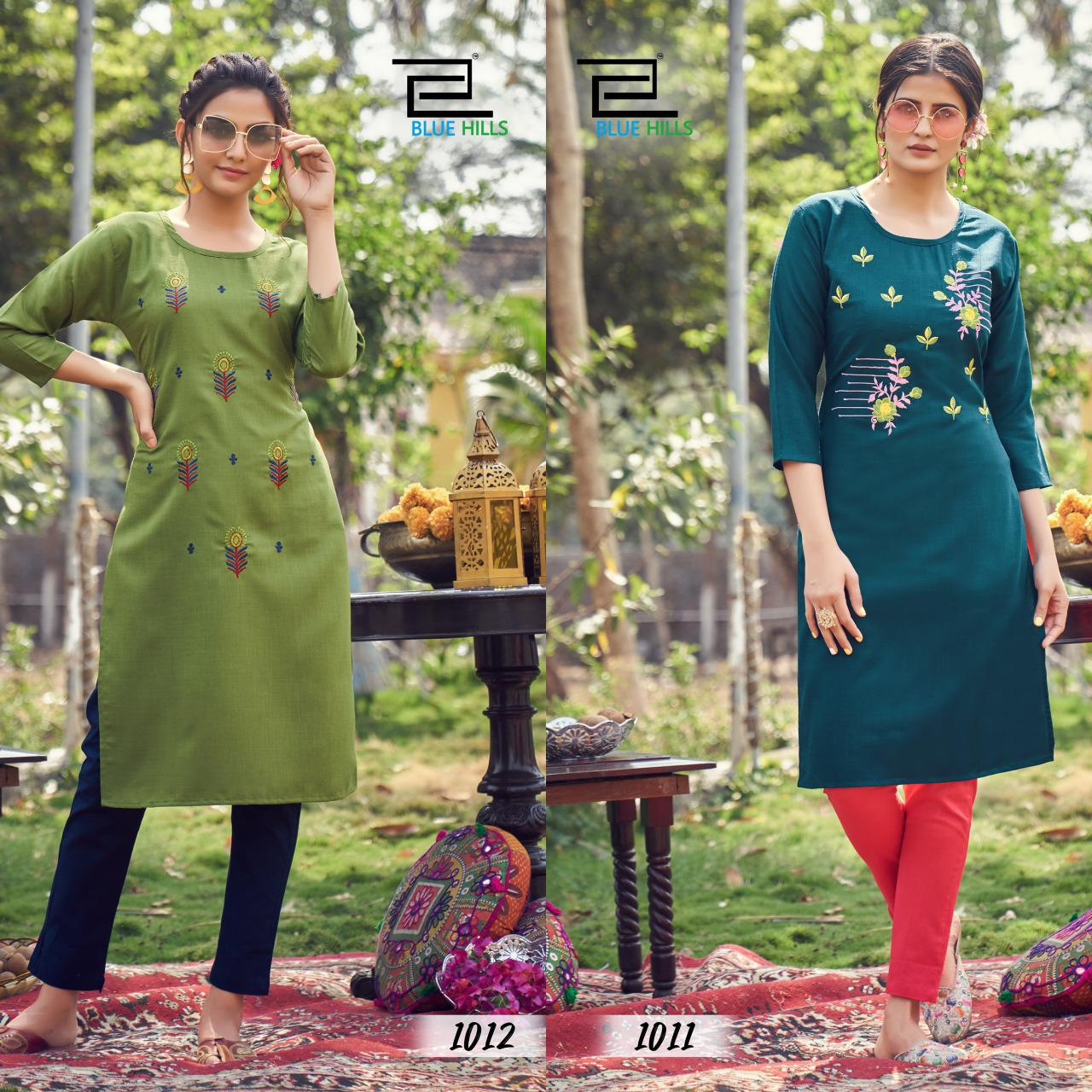 Blue Hills Instagram Latest Fancy Designer Casual Wear Slub Cotton Straight Embroidery Kurtis Collection
