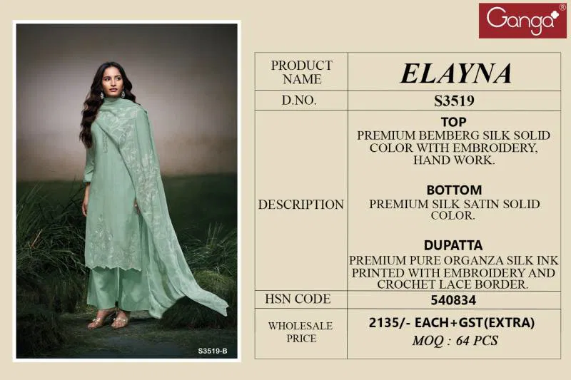 Ganga Elayna Bemberg Silk Solid Fancy Salwar Suit Suppliers In India