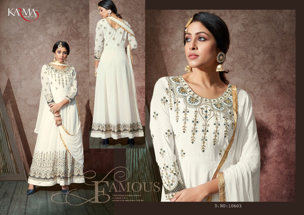 Karma Latest Heavy Designer Georgette Embroidery Work With Stone Work Anaarkali Gown With Chiffon Dupatta Festive Wear Collection 