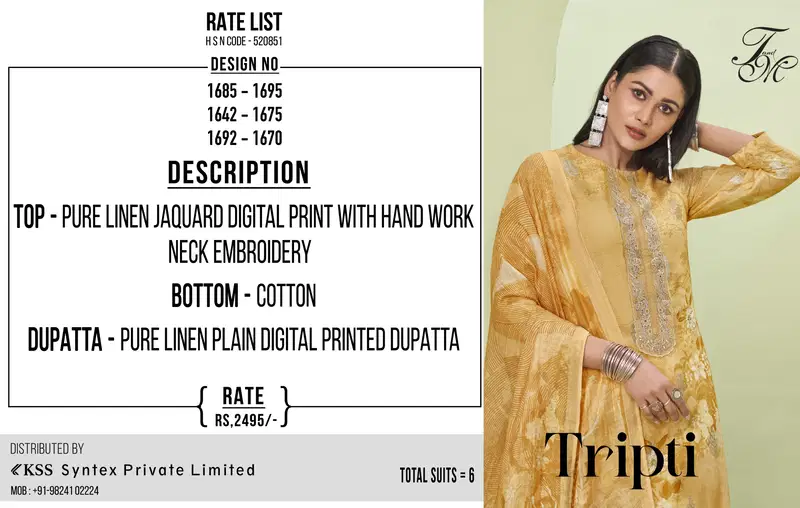 Tripti By T&M Fancy Linen Embroidery Dress Material Surat Wholesale Market