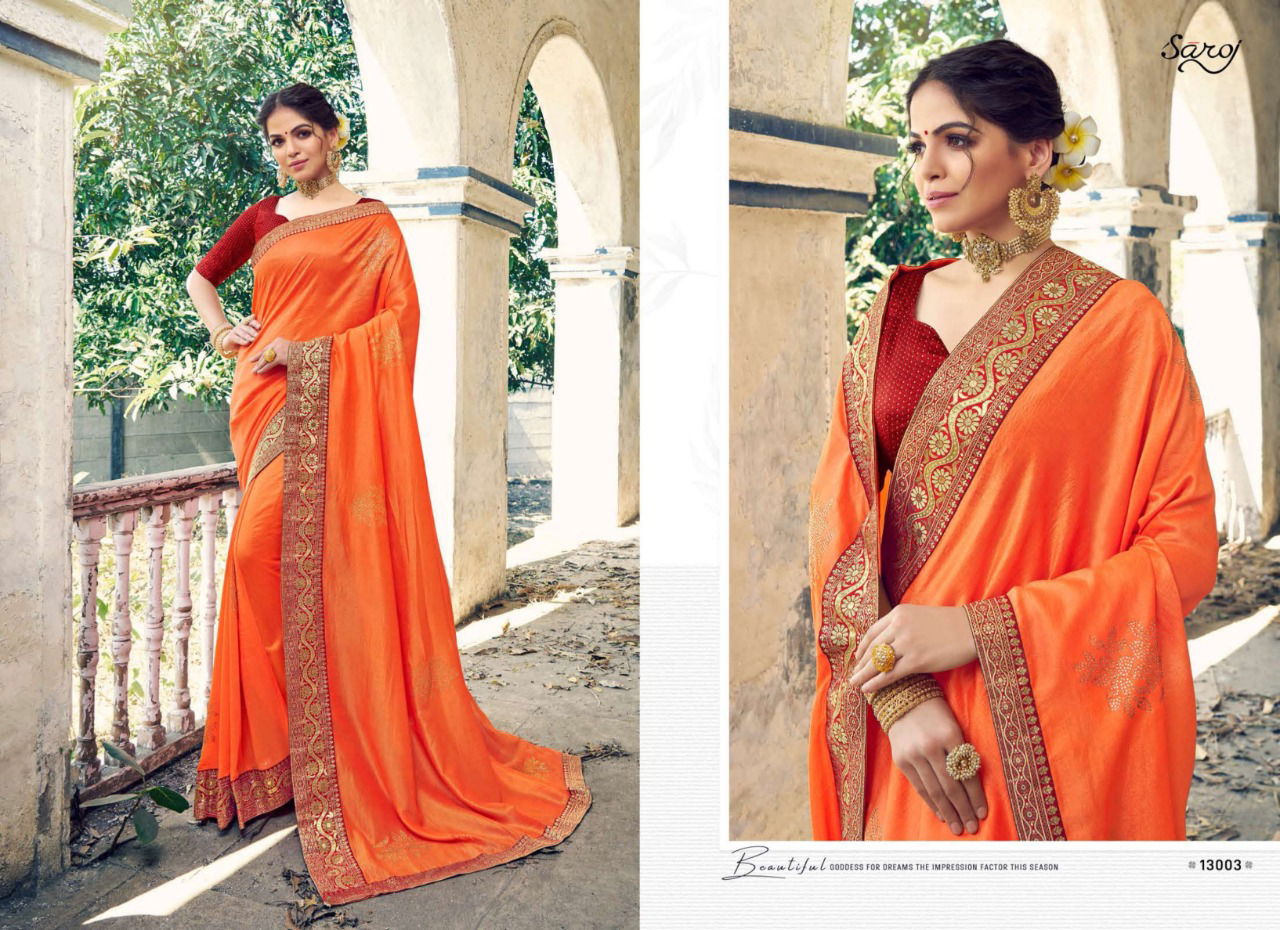 Saroj Tanvi Latest Fancy Festive Wear Designer Vichitra Silk With Beautiful Swarovski Butta And Banarasi Border Saree Collection
