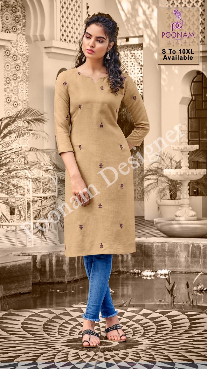 Poonam Kurti House 2 Ethnic Wear Fancy Embroidery Work Slub Cotton Kurtis Collection
