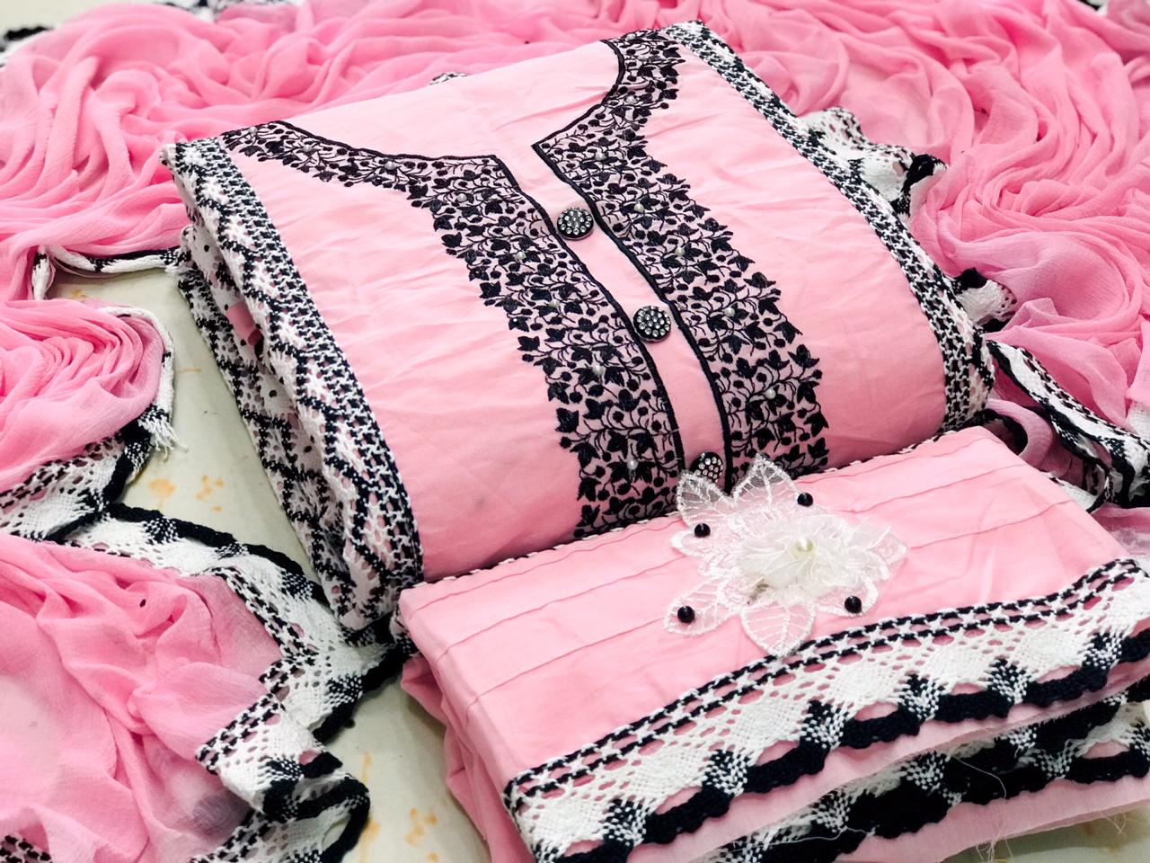 Exclusive Fancy Cotton Dress Material Collection With Beautiful Lace Design and Four Sided Lace Bordered Dupatta 