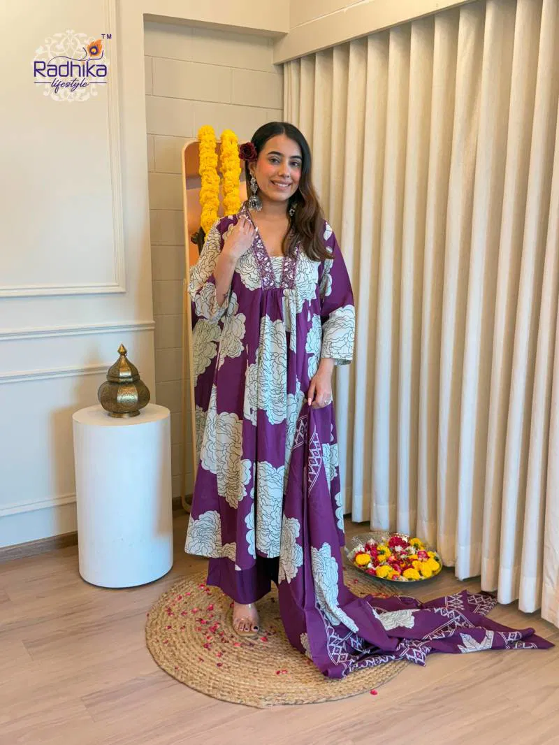 Radhika Anarkali Plazo Set Cotton Printed Kurti Pant With Dupatta Wholesale Suppliers In Mumbai