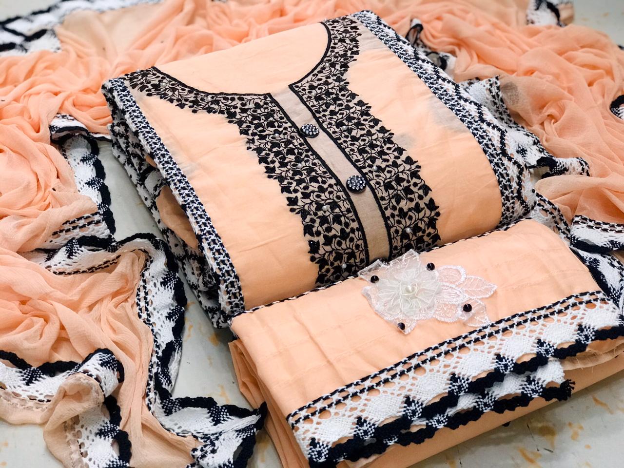 Exclusive Fancy Cotton Dress Material Collection With Beautiful Lace Design and Four Sided Lace Bordered Dupatta 