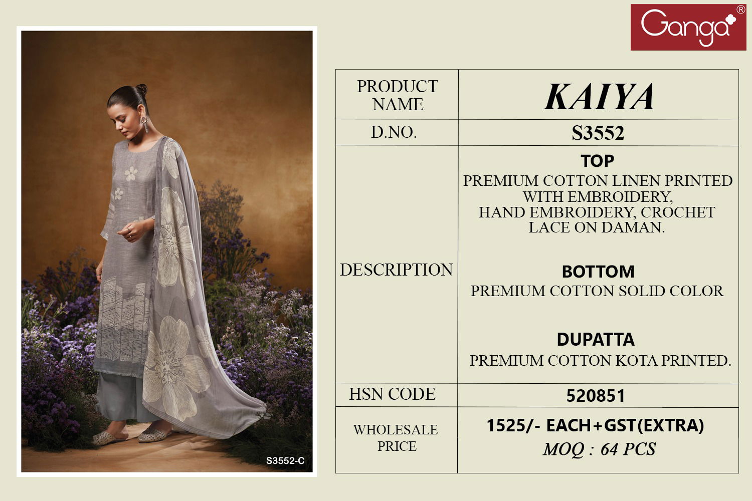 Kaiya 3552 By Ganga Cotton Linen Printed Designer Salwar Suit Exporters In India