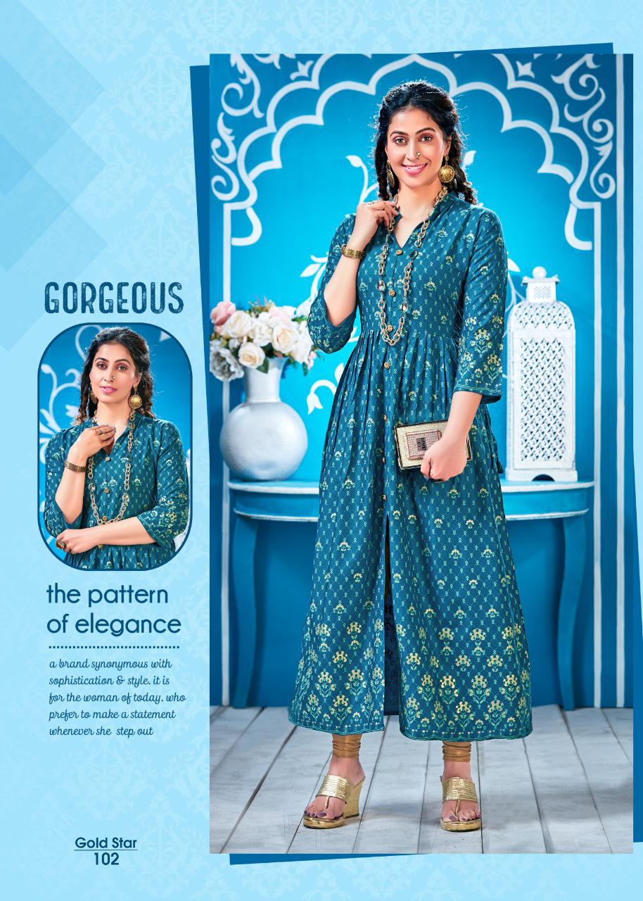 Ft Gold Star Latest Designer Party Wear rayon Long Printed Kurtis Collection