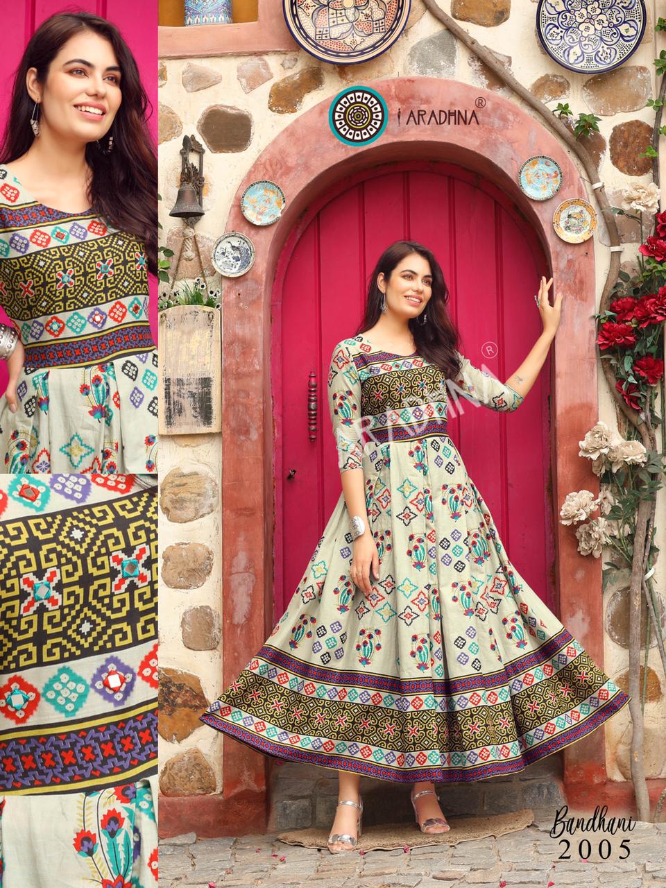 Aradhna Bandhani 2 Heavy Cotton Printed Festive Wear Anarkali Long Kurtis Collection
