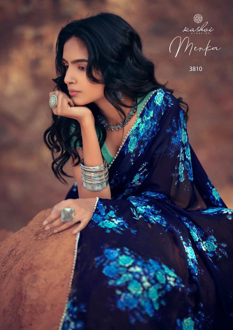 Kashvi Menka Latest Fancy Designer Festive Wear Silk Weightless Floral Chiffon Saree Collection
