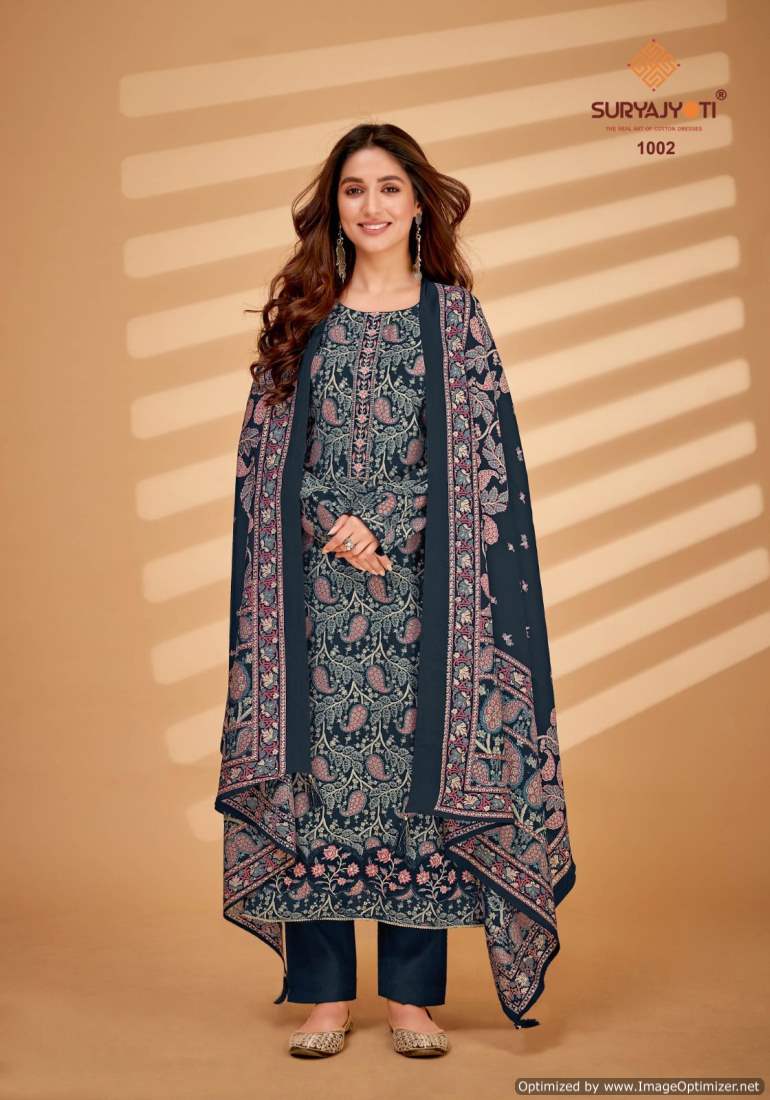 Kanika Vol 1 By Suryajyoti Pure Modal Embroidery Foil Printed Dress Material Wholesalers In Delhi