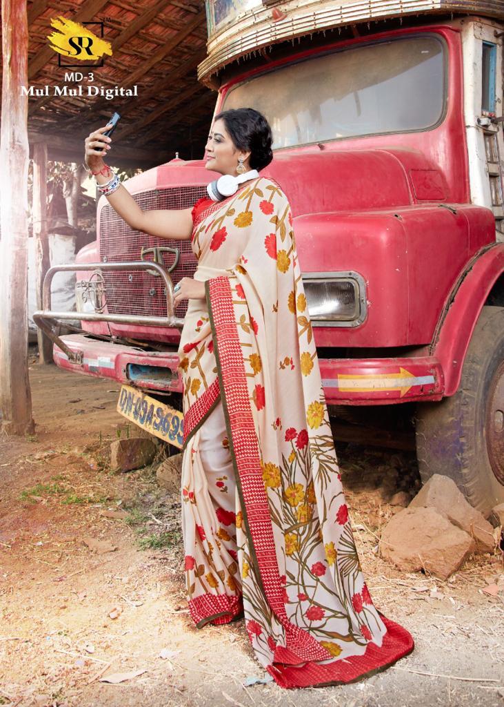 Sr Mulmul Digital Exclusive Designer Digital Printed Party Wear Satin Saree Collection 