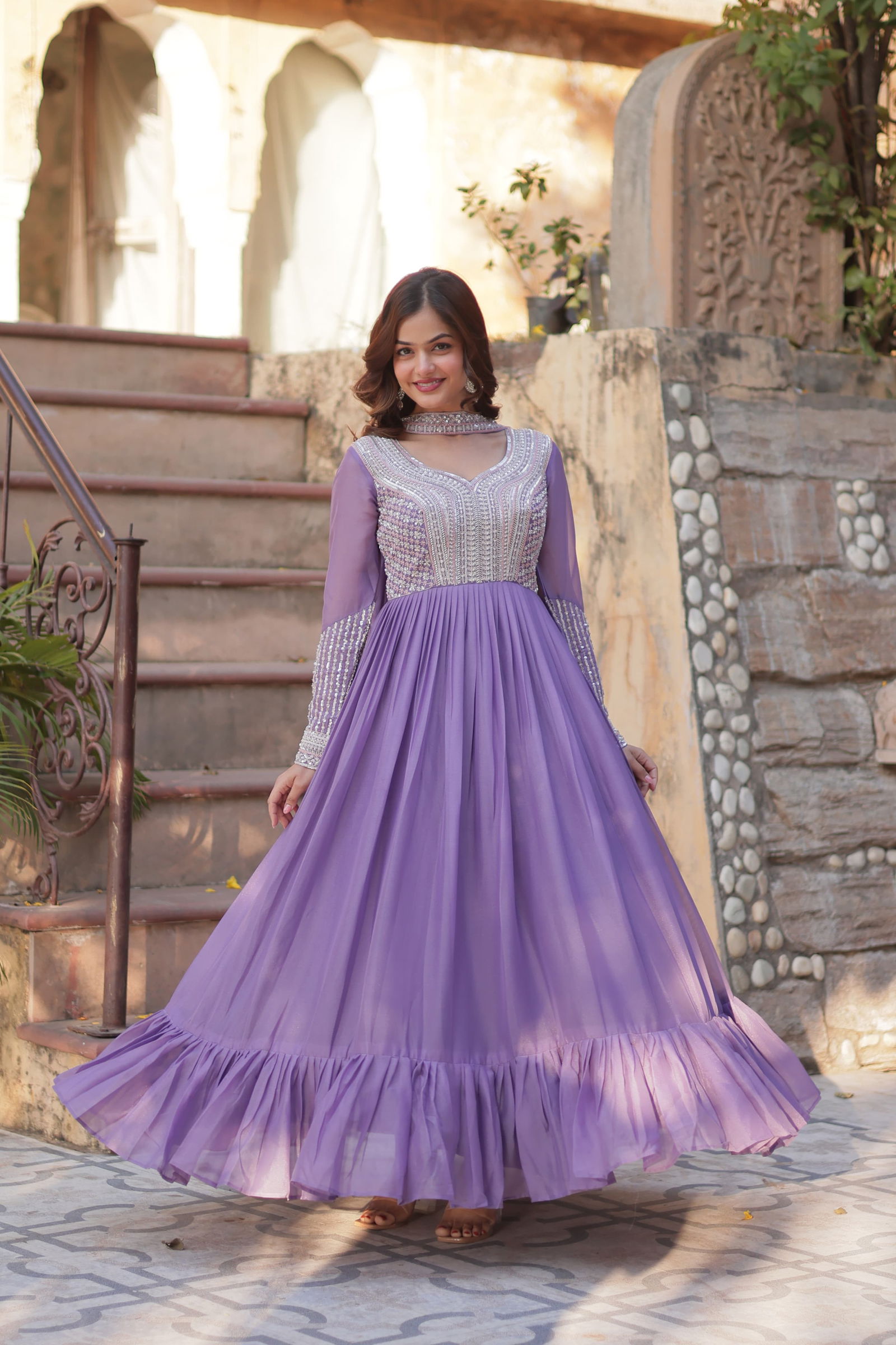 KA 1151 Star Georgette Embroidery Desginer Gown With Dupatta Online Wholesale