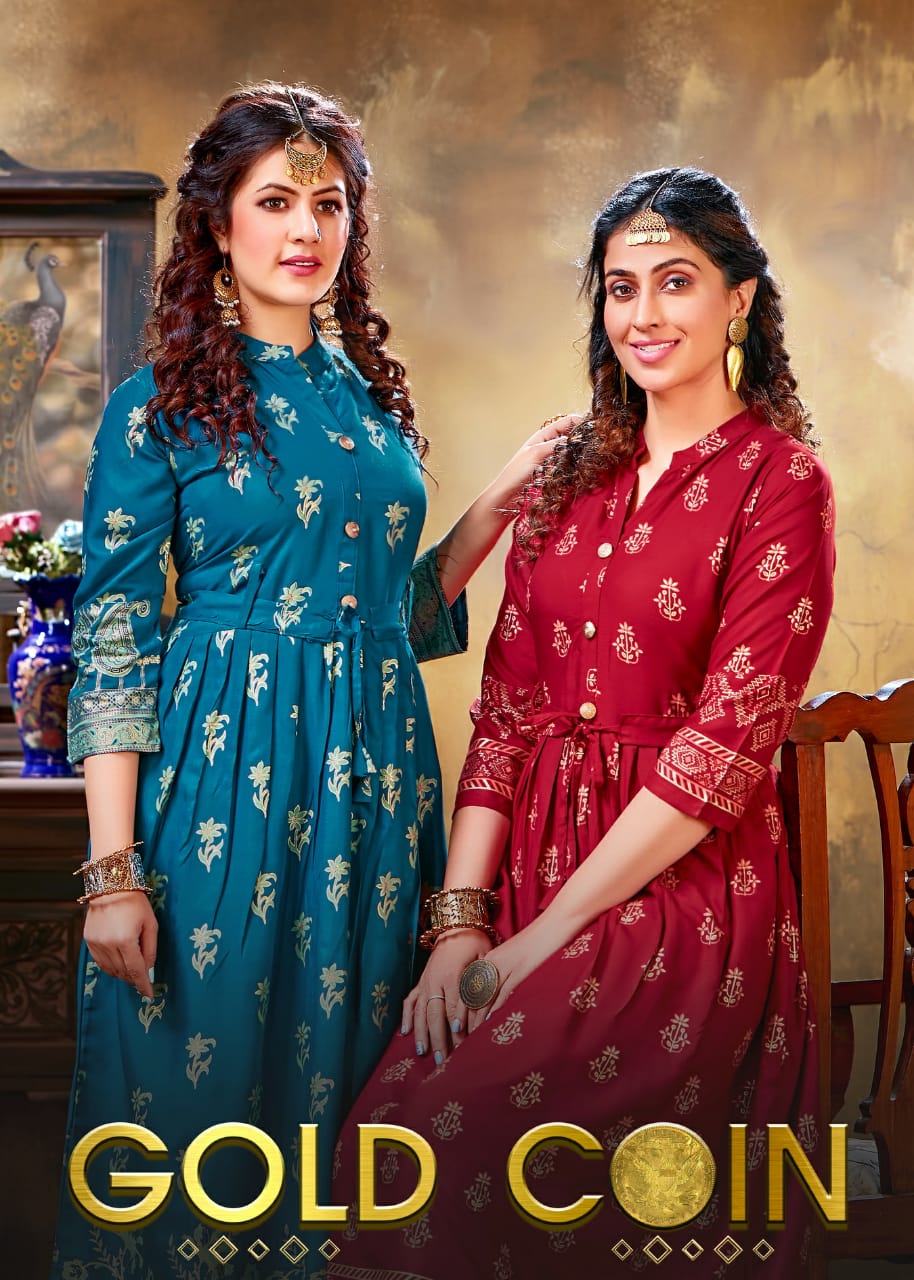 Ft Gold Coin Latest Designer Party Wear rayon Long Printed Rayon Kurtis Collection
