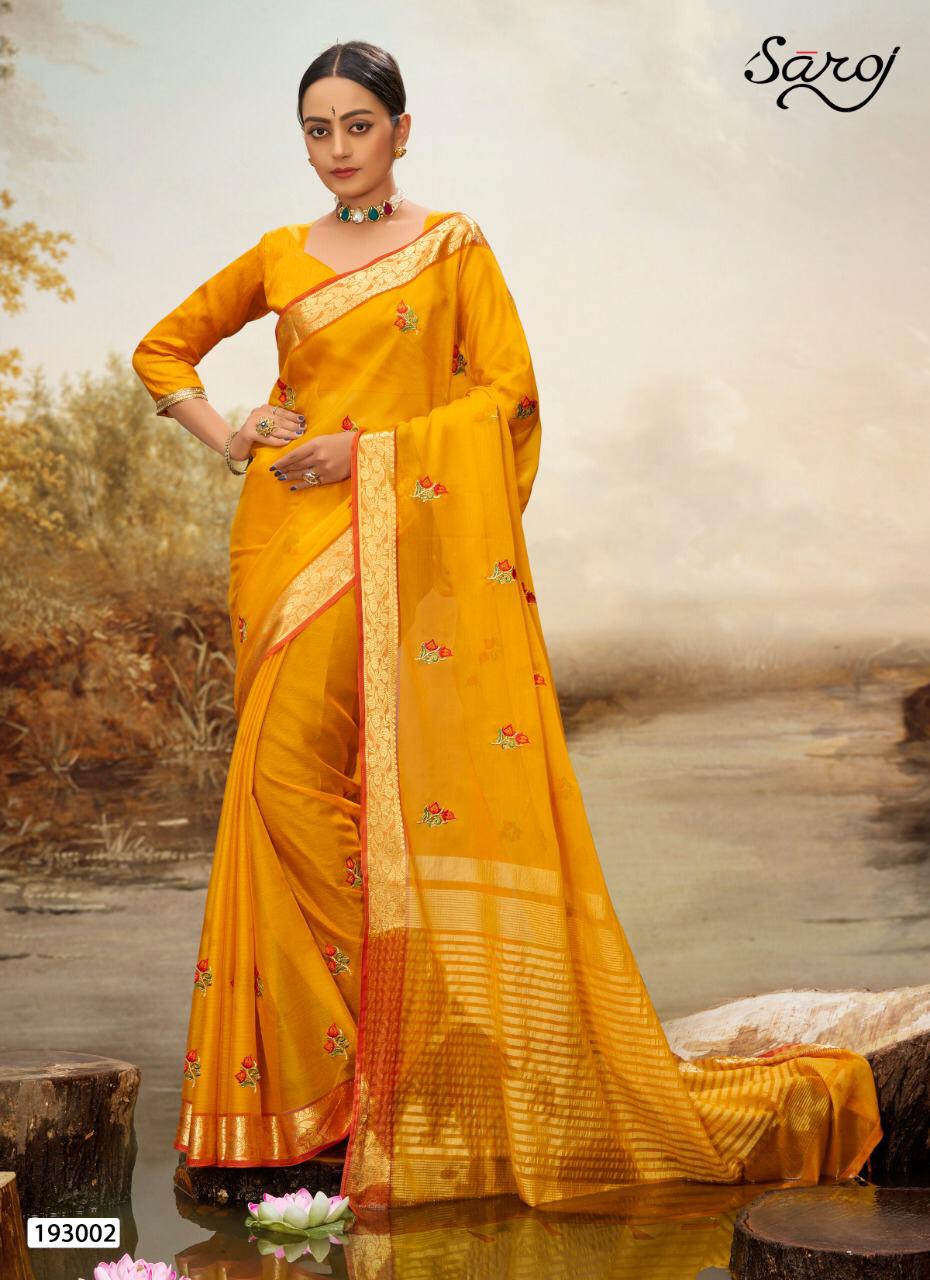  Saroj  Noreen Latest Fancy Multi colore work and chit pallu and border Designer Soft Chiffon Saree Collection